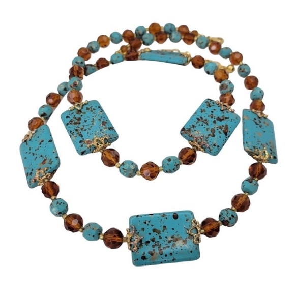 Vintage Joan Rivers Blue Turquoise & Smoky Topaz Gold Necklace - Picture 3 of 10